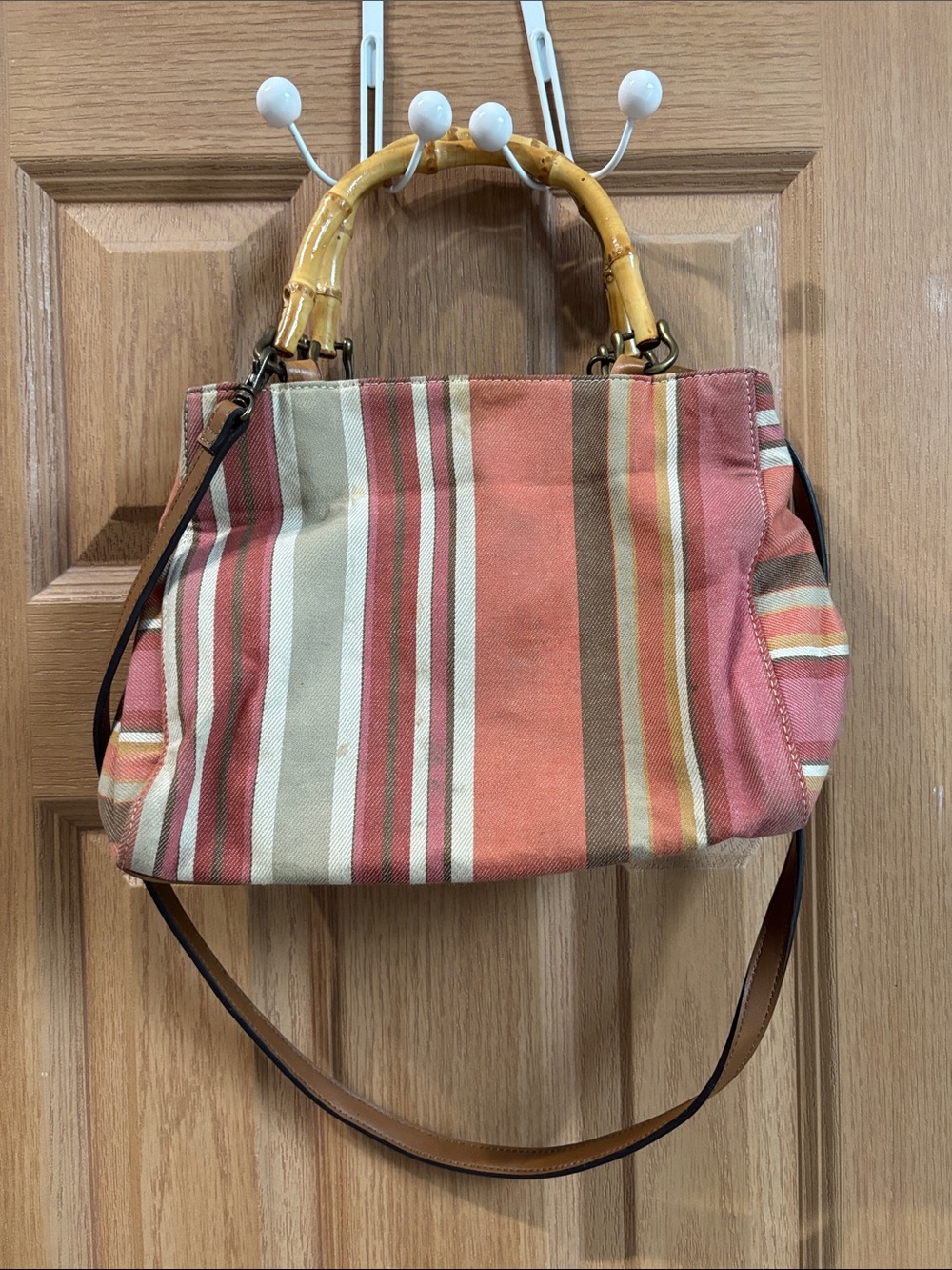 Fossil Striped Bamboo-Handle Shoulder Bag in Coral, Tan, Cream & Brown